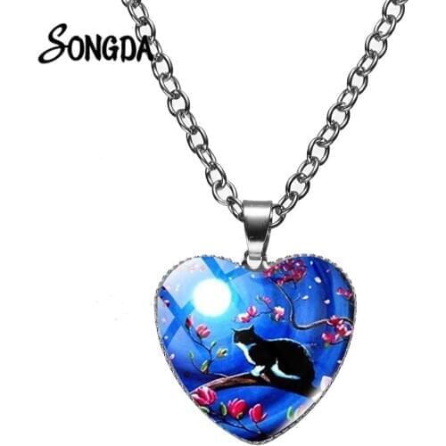 Cat And Flower Tree Art Photo Necklace Moonlight Moon Cute Black Cat Fashion Animal Crystal Pendant Heart Design Necklace