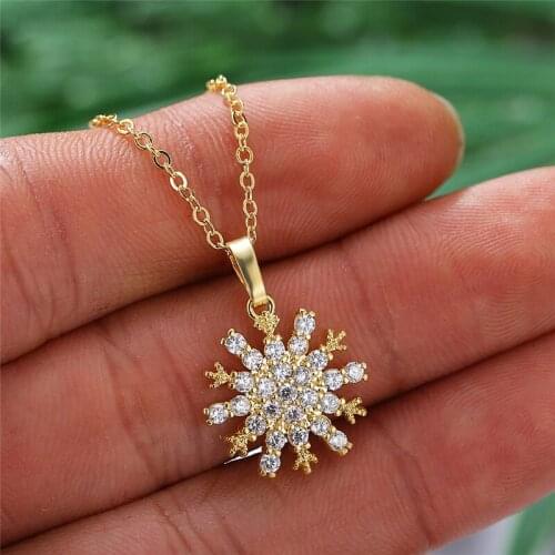 Cute Snowflake Pendant Necklace Female White Crystal Wedding Necklace Vintage Rose Gold Silver Color Chain Necklaces For Women