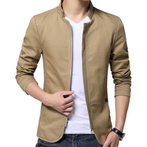 Casual Men Autumn Solid Color Stand Collar Zipper Pockets Thin Slim Blazer Coat Mens Fashion Brand Blazer Jacket For Men