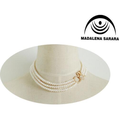 MADALENA SARARA AAAA freshwater Pearl Necklace With Zircon Inlaid Flower Clasp Three Rows Pearl Necklace 6-7mm Freshwater Pearl