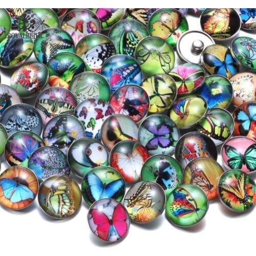 RoyalBeier 50pcs/lot Beautiful Butterfly Theme Glass Charms 18mm Snap Button For 20mm Snaps Bracelet Snap Jewelry KZHM091