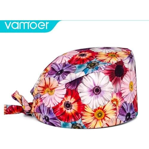 Flowers Printing Scrub cap Cotton Nurse Hat Floral Bouffant Sanitary Cap with Sweatband Cartoon Printing Nursing Confortable Hat