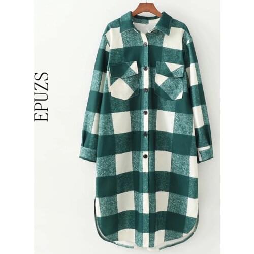 Vintage loose Woolen jacket women plaid coat casual long sleeve thick long coat female outwear 2021
