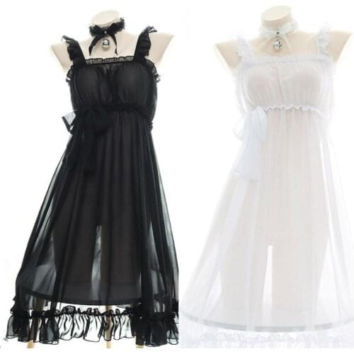 Japanese Sexy Semi-permeable Chiffon Pajamas Girls Solid White Sweet Bowknot Sleeveless Private Nightdress Cosplay Maid Dress