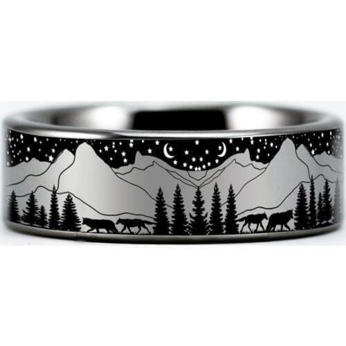 Anniversary Gift Wolf in Night Forest View Rings For Women Mens Wedding Ring 8mm Tungsten Ring Party Jewelry Engagement Ring