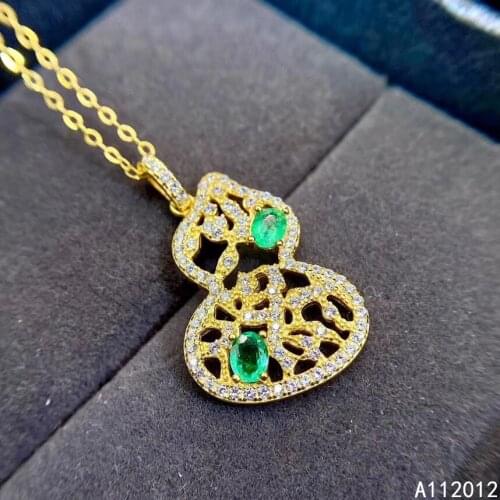 Fine Jewelry 925 Pure Silver Inlaid Natural Emerald Girl Popular Fashion Gourd Chinese Style Gem Pendant Necklace Support Detect