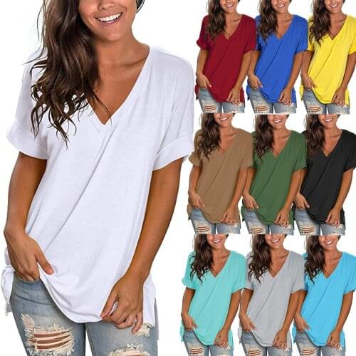 2021 New Summer Solid T Shirt Ladies Sexy V Neck Short Sleeve Tshirt Casual Basic Black White T-Shirt Tee Tops for Women