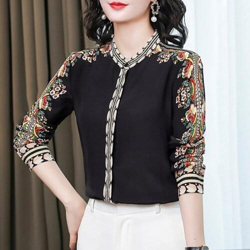 Womens 2021 Autumn Chiffon blouse Retro Single-breasted long-sleeved Office lady shirt Vintage Printed Tops Blusa