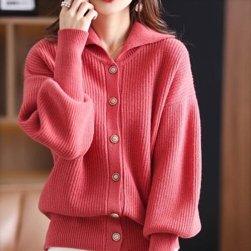 100% Pure Wool Cashmere Sweater Womens Lapel Cardigan Casual Knitted Padded Top 2021 Autumn and Winter New Jacket To Keep Warm