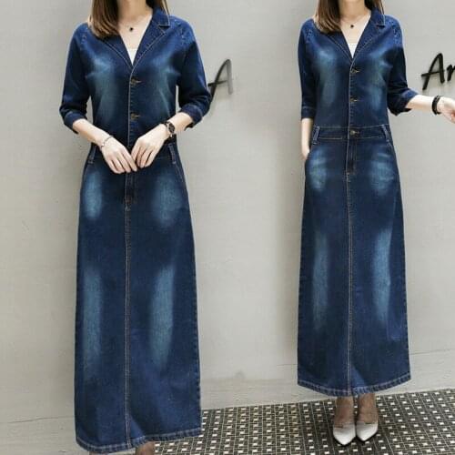 Plus Size 5XL Long Denim Dress Women 2020 Spring Autumn New Jurken Fashion Maxi Jeans Dress Elegant Robe Longue Femme Dress