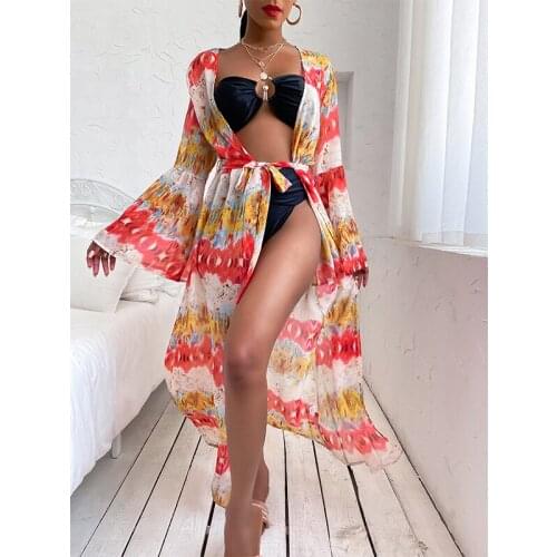 Women Summer Bikinis Cover Ups Printing Deep V Neck Beach Dress Open Front Loose Bathing Cardigan Tunic With Belt Swimwear 2021