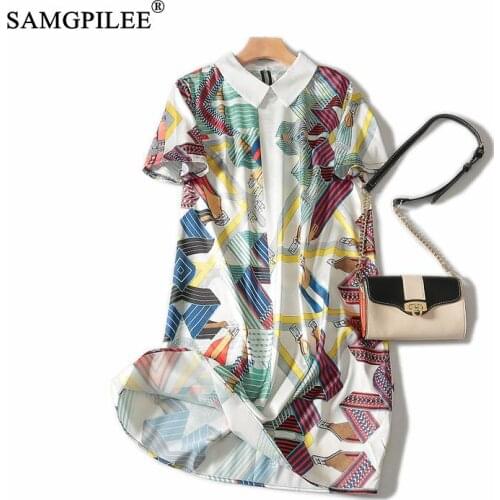 Summer Clothes For Women 2020 Office Lady A-line Print Short Sleeve Knee-length Empire Turn-down Collar Dresses For Women 3XL