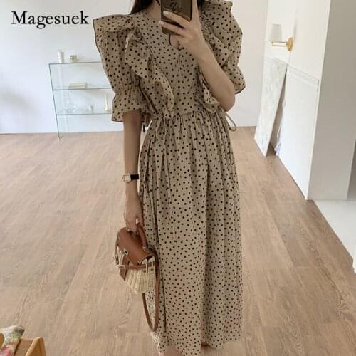 Polka Dot Chiffon Dress Ruffles Fashion V Neck Women Summer Dresses Flare Short Sleeve Dress Vintage Midi Long Dresses 13800