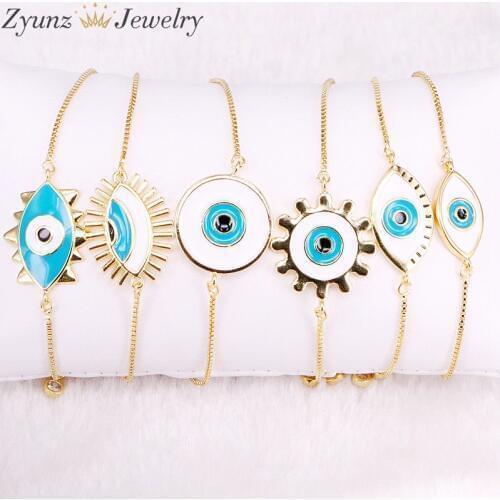 10PCS, Turkish Lucky Blue Eye Bracelets Handmade Gold Chains Lucky Jewelry