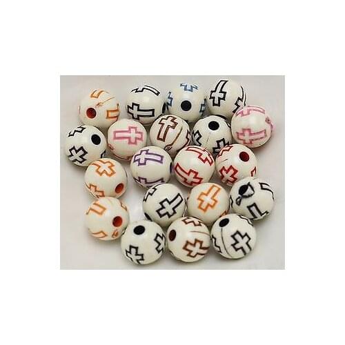 100 Mixed Color Acrylic Cross Pattern Round Beads 10mm Jewelry Kids Crafts