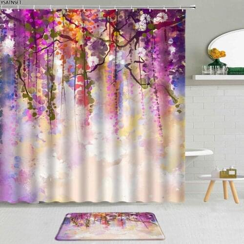 2Pcs Plant Watercolor Shower Curtain Purple Flower Green Vine Yellow Floral Fabric Non-Slip Bath Mat Cloth Curtains Bathroom Set