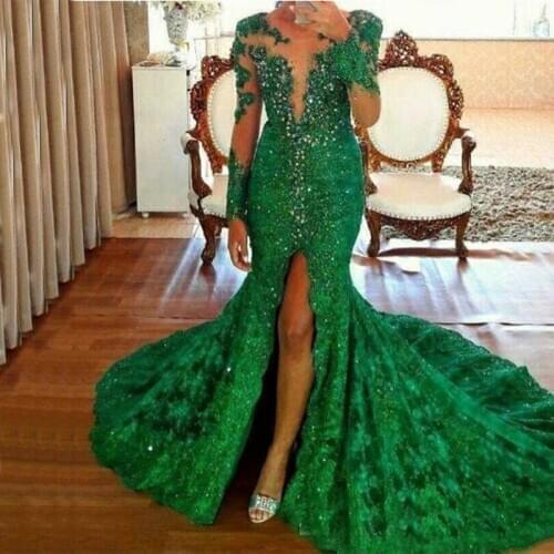 2020 Green Long Sleeves Lace Mermaid Evening Dresses Beaded Stones Split Formal Party Prom Dresses