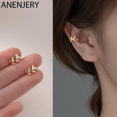 ANENJERY 1 Pair 925 Sterling Silver Zircon Leaf Clip Earrings For Men Women Exquisite Adjustable No Pierced Earrings Wholesale