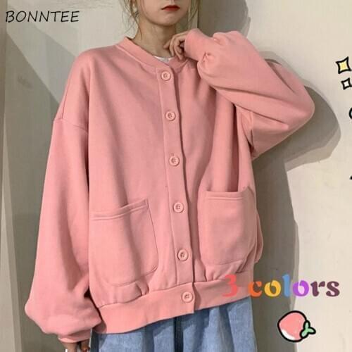 Basic Jackets Women Korean Sweet Solid Pink Harajuku Loose Thick Woman Outwear Chic Casual Zip-up Pockets Preppy Girl Streetwear