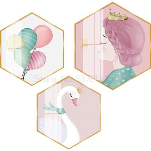 Childrens room decorative painting creative hexagonal bedside hanging painting Princess Pink bedroom wall painting