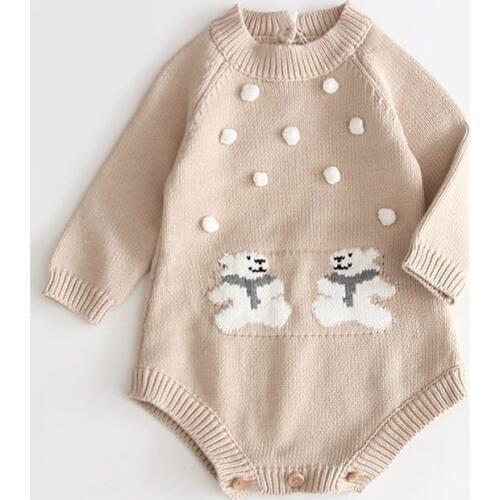 Cute pompom design long sleeve romper baby boy/girls cartoon bear embroidery jumpsuit for boys clothes toddler onesie outfits