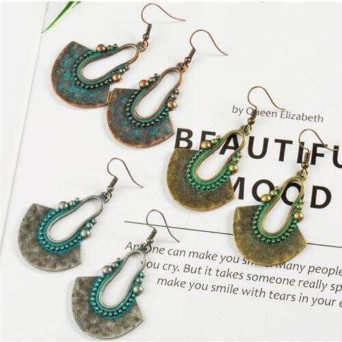 Geometric Earrings Vintage Antique Green Red Bronze Hanging Earring Statement Jewelry Bohemian Ethnic Indian Earrings For Women