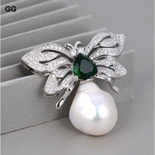GuaiGuai Jewelry Butterfly Natuaral White Keshi Pearl Green Crystal CZ Brooch For Women