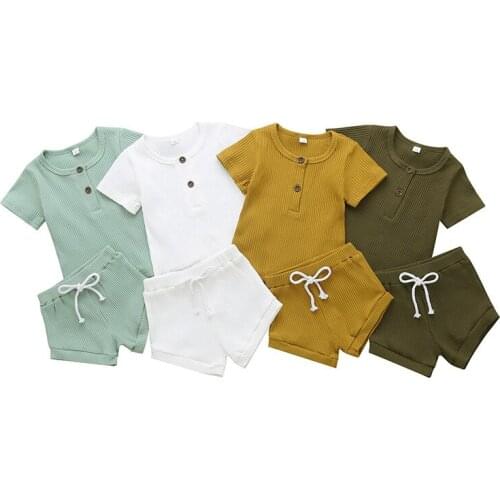 2PCS Cotton Solid Summer Unisex Baby Boy Clothes Tops+Shorts Trousers Homewear Baby Girl Clothes Pajamas Short Sleeve Ropa Bebe