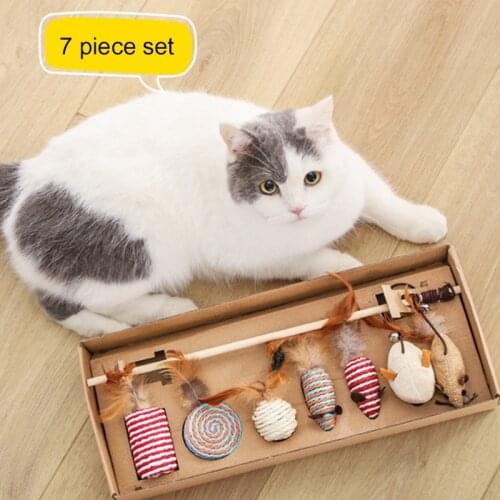 Cat Toys Gift Set 7 PCS Kitten Toys Cat Stick with Balls, Feathers, Bells and Burlap for Cat Kitten Having Fun Exercise Playing