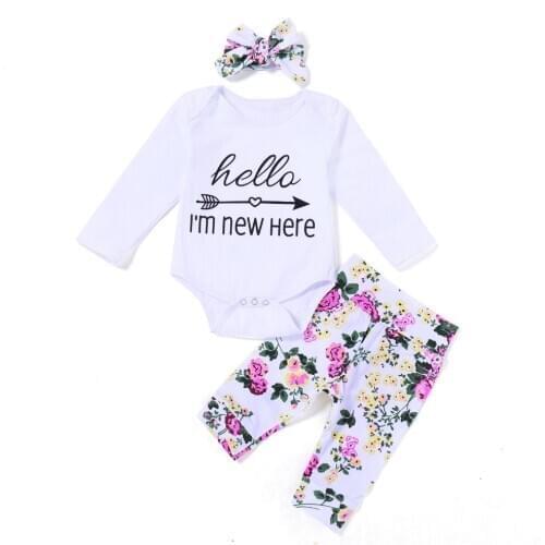 2020 Infant Girls 3PCS Clothing Sets "Hello I'm New Here" Romper+Floral Pants+Headband Newborn Baby Girl Clothes