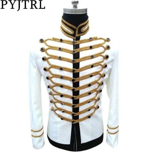 PYJTRL Men Slim Fit Jackets Fashion Military Black White Gold Silver Suit Jacket Blazer Single Breasted Drama Stage Costume