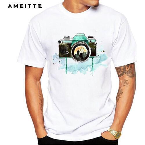 New Retro Watercolor Camera T-shirt Mens Hipster White Printed T Shirt Summer Casual Comfortable Short Sleeve Tee Shirts Tops