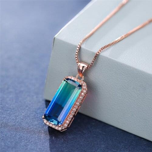 Rectangle Rainbow Stone Pendants Necklaces For Women Vintage Fashion Rose Gold Chain Multicolor Zircon Necklace Wedding Jewelry