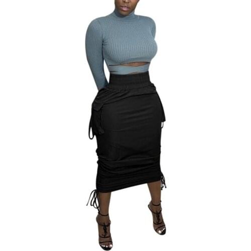 Drawstring Ruched High Waist Midi Skirts Womens with Pockets Black Casual Summer Fashion Bodycon Pencil Skirt Female Jupe Femme