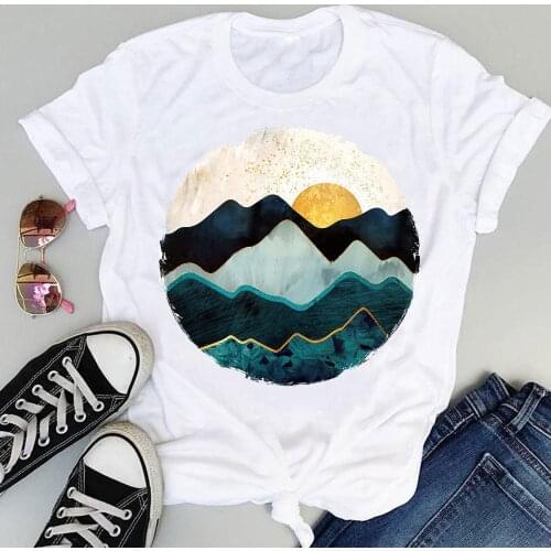 Women Cartoon Ladies Camper Travel Mountain Short Sleeve Sweet Summer Fashion Print Lovely Clothes Tops Tees Tshirt T-Shirt