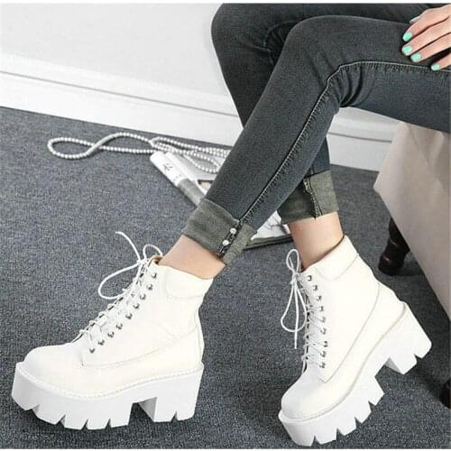 2020 Women White Martin Ankle Boots High Heels Shoes Quality Waterproof Platform Boots Sapatos Mulher