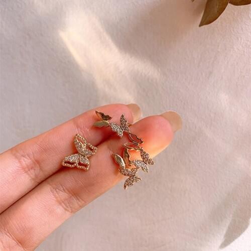 Yaologe Seven Sweet Romantic Little Animal Golden Butterfly Earrings Cute Asymmetric Stud Earrings For Women Jewelry Gift 2020