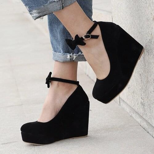 Women High Heels Shoes Plus Size Platform Wedges Female Pumps Womens Flock Buckle Bowtie Ankle Strap Woman Wedding Shoes