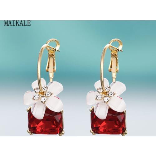 MAIKALE Vintage Drop Earrings for Women Copper Square Crystal Flower Rhinestone Dangle Earing Korean Style New Fashion Jewelry