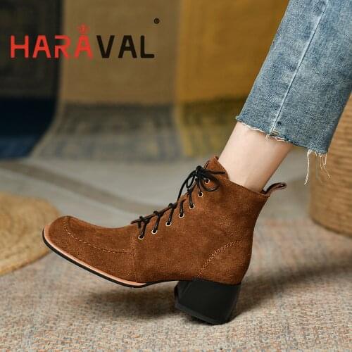 HARAVAL Women Ankle Boots Shoes High Heels Kid Suede Cross-Tied Brown Black Solid Elegant Fashion Lace Up Footwear Shoes E468L