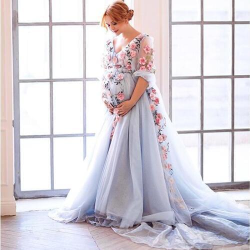 Blue Organza Pregnant Evening Dress Fashion Couture Embroidered Floral Prom Dresses Plus Size Maternity Formal Party Gowns