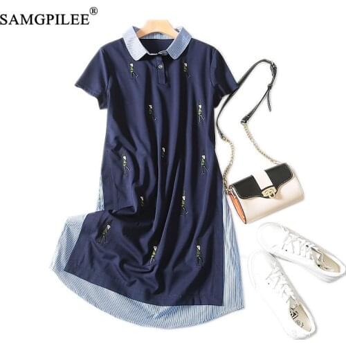 Dresses Summer 2020 Office Lady A-line Short Sleeve Embroidery Plus Size Dress Knee-length Peter Pan Collar Dresses For Women