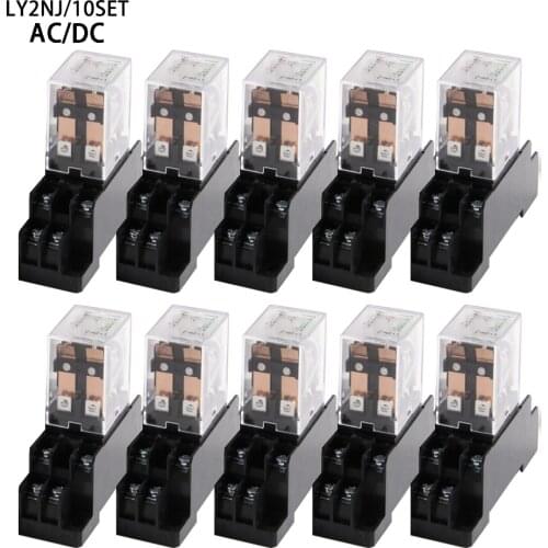10Pcs Relay LY2NJ AC 12V 24V 36V 48V 110V 220V 380VSmall relay 10A 8 Pins Coil DPDT With Socket Base