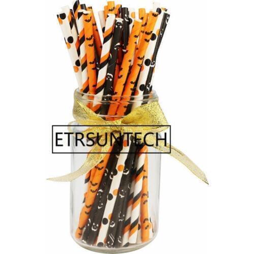 100Sets Environmental Paper Straws Disposable Halloween Striped Circle Bat Drinking Straws Kids Birthday Party Supply Decoration