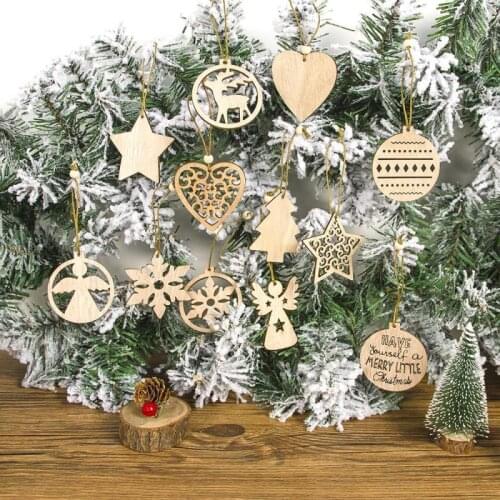 12pcs Christmas Tree Decoration Snowflake Pendant Vintage Party Wooden Christmas Pendant Ornaments Angel Star for Home Supplies