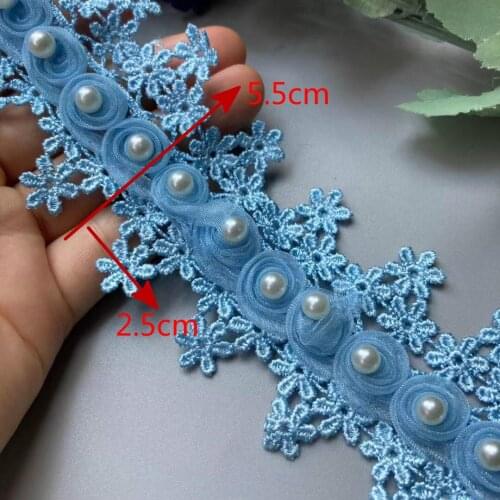 2 Yards Soluble Blue Tassel 3D Pearl Floral Embroidered Lace Trim Applique Fabric Ribbon Sewing Craft For Wedding Costume Hat