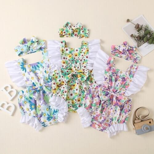 2021 Cute Floral Romper 2pcs Baby Girls Clothes Jumpsuit Romper+headband 0-24m Age Ifant Toddler Newborn Outfits Set Hot Sal