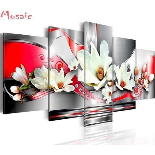 DIY 5D Diamond Painting Mosaic 5 Pieces Magnolia Flower Handmade Diamond Cross stitch Set Diamond Embroidery home decoration