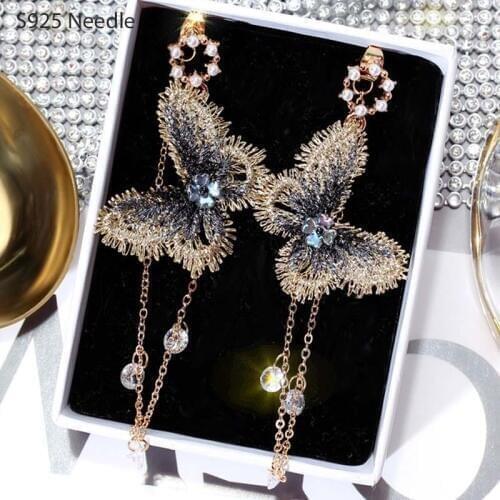 925 Sterling Silver Needle Long Dangle Earrings for Women Jewelry Butterfly Female Drop Tassel Earrings Bijoux