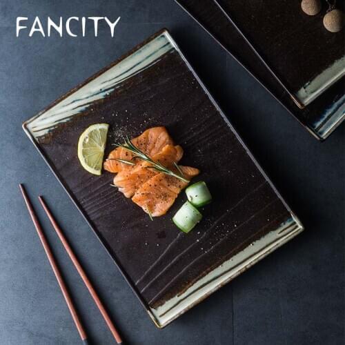 FANCITY Creative personality Japanese wood grain ceramic characteristic restaurant tableware square sashimi plate steak plate su